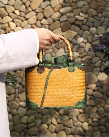 Bamboo-woven square bag with satin